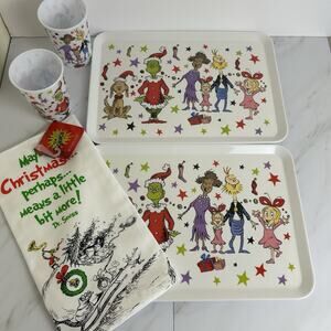 5 pc Christmas Grinch lot 2 Grinch Trays 2 Grinch Cups and 1 Grinch Dish Towel